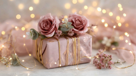 A beautifully wrapped gift box adorned with pink roses and delicate baby's breath, surrounded by soft lights. Perfect for romantic occasions or celebrations.の素材