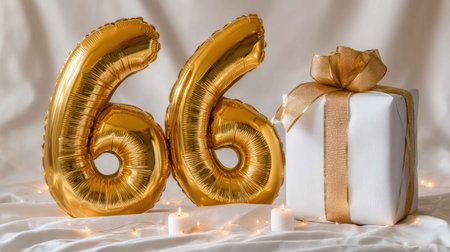 Vibrant golden number balloons paired with a beautifully wrapped gift box create a celebratory scene perfect for birthdays or special events.の素材