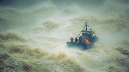 A fishing boat navigates through massive waves during a fierce storm, showcasing the challenges and dangers faced by fishermen at sea.の素材