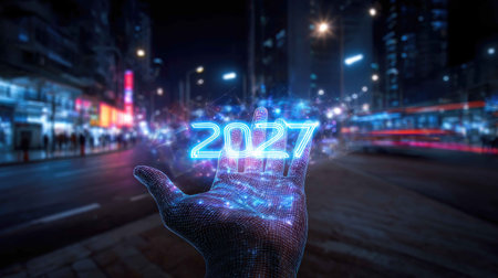 A captivating scene featuring a hand displaying a holographic representation of the year 2027. The urban night backdrop enhances the futuristic theme, symbolizing innovation and advancement.の素材