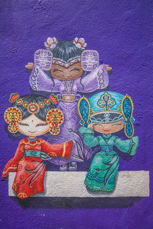 Georgetown, Malesia - the main Island of Malesia, Penang is famous for its street art. Here in particular one of the many paintings of Georgetownのeditorial素材