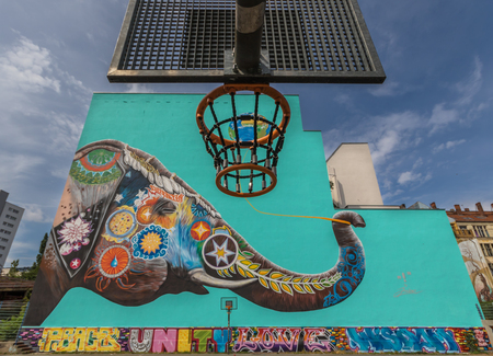Berlin, Germany - street art and paintings are one of the most prominent landmarks in Berlin. Here in particular a fine example of the city's wall paintingのeditorial素材