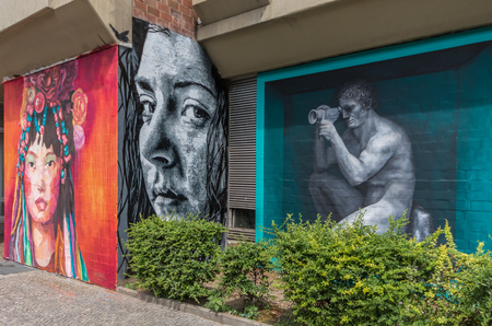 Berlin, Germany - street art and paintings are one of the most prominent landmarks in Berlin. Here in particular a fine example of the city's wall paintingのeditorial素材