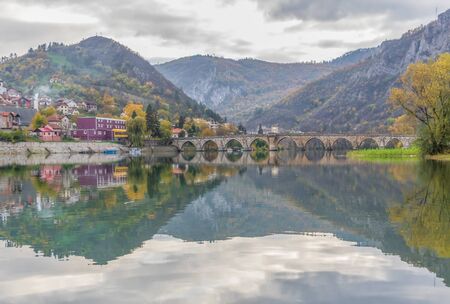 Right at the border with Serbia, Visegrad is a quiet and wonderful city, worldwide famous for the Mehmed PaÅ¡a Sokolovic Bridge, a Unesco World Heritage siteの写真素材