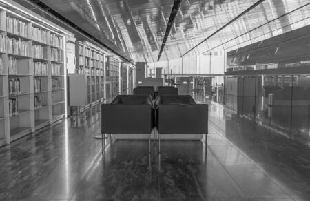 Doha, Qatar - one of the first public libraries in the Persian Gulf region, the Qatar National Library is one of the main landmarks in Doha. Here in particular its interiorsのeditorial素材