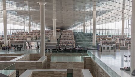 Doha, Qatar - one of the first public libraries in the Persian Gulf region, the Qatar National Library is one of the main landmarks in Doha. Here in particular its interiorsのeditorial素材