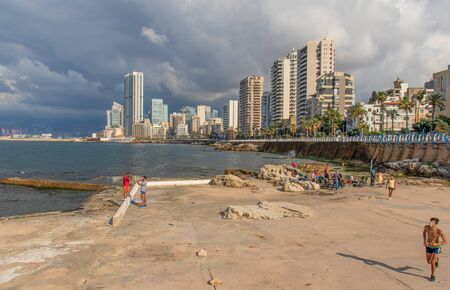 Beirut, Lebanon - one of the most famous spot of Beirut, the Corniche is a lovely place for a stroll or jogging. Here in particular its skylineの写真素材