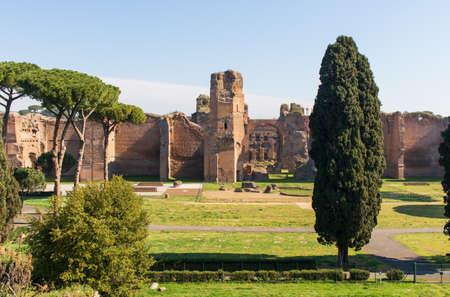 Following the coronavirus outbreak, the Italian Government has decided for a massive curfew, leaving even the Old Town, usually crowded, completely deserted. Here in particular the Baths of Caracallaのeditorial素材