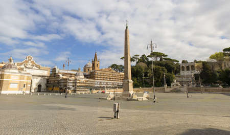 Following the coronavirus outbreak, the Italian Government has decided for a massive curfew, leaving even the Old Town, usually crowded, completely deserted. Here in particular Piazza del Popoloのeditorial素材
