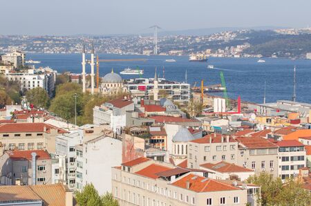 Istanbul, Turkey - a natural separation between Europe and Asia, the Bosporus is a main landmark in Istanbul. Here in particular a glimps of its waters and buildingsの写真素材