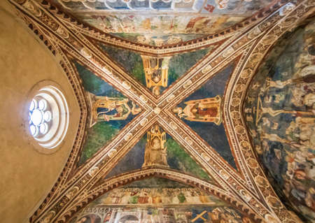 Subiaco, Italy - main sight of Subiaco and one of the most beautiful Benedictine monasteries in the World, the Sacro Speco Monastery displays amazing frescoes. Here in particular its interiorsのeditorial素材