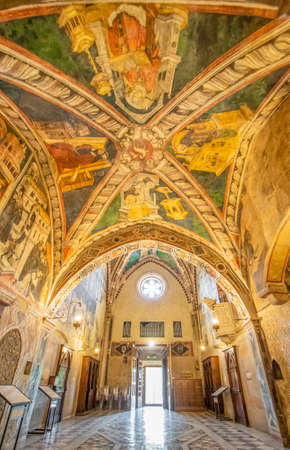 Subiaco, Italy - main sight of Subiaco and one of the most beautiful Benedictine monasteries in the World, the Sacro Speco Monastery displays amazing frescoes. Here in particular its interiorsのeditorial素材