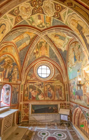 Subiaco, Italy - main sight of Subiaco and one of the most beautiful Benedictine monasteries in the World, the Sacro Speco Monastery displays amazing frescoes. Here in particular its interiorsのeditorial素材