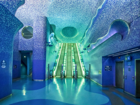 Naples, Italy - considered among the most beautiful undergrounds in Europe, the Naples Metro displays a modern architecture. Here in particular the Toledo Stationのeditorial素材