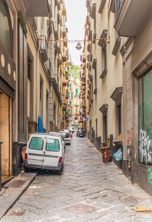 Naples, Italy - an intricate maze of narrow streets and alleys, the Spanish Neighborhoods (Quartieri Spagnoli) are the heart of Naples. Here in particular a glimpseのeditorial素材