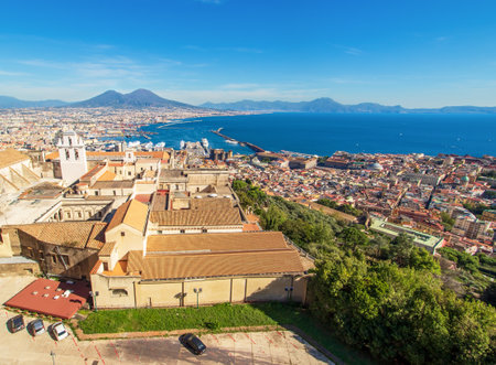 Naples, Italy - one of the most enchanting landscapes in the country, the Gulf on Naples and the Mount Vesuvius are worldwide famous. Here the gulf and the volcano seen from Certosa fortressのeditorial素材