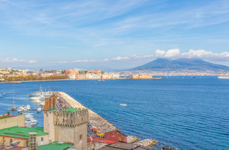 Naples, Italy - one of the most enchanting landscapes in the country, the Gulf on Naples and the Mount Vesuvius are worldwide famous. Here the gulf and the volcano seen from Posillipoのeditorial素材
