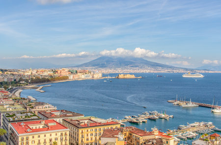 Naples, Italy - one of the most enchanting landscapes in the country, the Gulf on Naples and the Mount Vesuvius are worldwide famous. Here the gulf and the volcano seen from Posillipoのeditorial素材