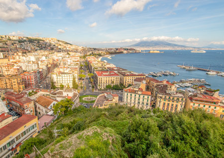 Naples, Italy - one of the most enchanting landscapes in the country, the Gulf on Naples and the Mount Vesuvius are worldwide famous. Here the gulf and the volcano seen from Posillipoのeditorial素材