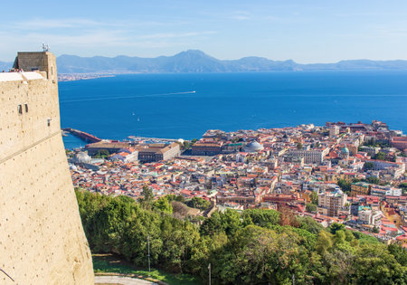 Naples, Italy - one of the most enchanting landscapes in the country, the Gulf on Naples and the Mount Vesuvius are worldwide famous. Here the gulf and the volcano seen from Certosa fortressのeditorial素材