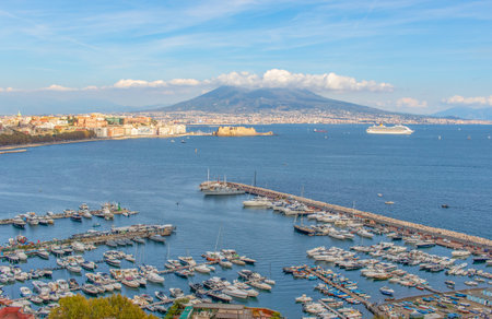 Naples, Italy - one of the most enchanting landscapes in the country, the Gulf on Naples and the Mount Vesuvius are worldwide famous. Here the gulf and the volcano seen from Posillipoのeditorial素材