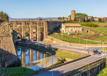 Nepi, Italy - known for its mineral springs, sold and bottled under the Acqua di Nepi brand throughout Italy, Nepi is a wonderful village 50 km North of Rome. Here in particular the famous aqueductのeditorial素材
