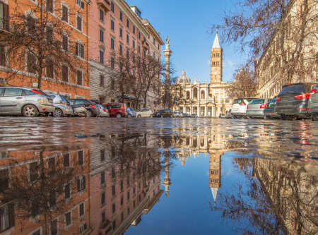 Rome, Italy - in Winter time, frequent rain showers create pools in which the wonderful Old Town of Rome reflects like in a mirror. Here in particular Santa Maria Maggioreのeditorial素材
