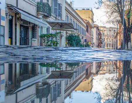 Rome, Italy - in Winter time, frequent rain showers create pools in which the wonderful Old Town Rome reflects like in a mirror. Here in particular the mirror effectのeditorial素材