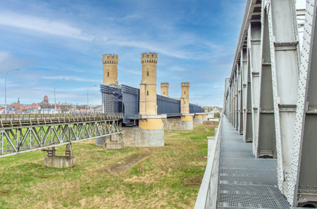 Tczew, Poland - built in 1851 and destroyed several times during WWII, the bridges on the Vistula River are the main landmark in Tczew and among the most famous bridges in Polandのeditorial素材