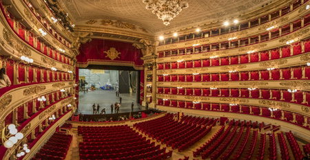 Milan, Italy - one of the leading opera and ballet theaters globally, La Scala is the most famous opera house in Milan. Here in particular its typical red seatsのeditorial素材
