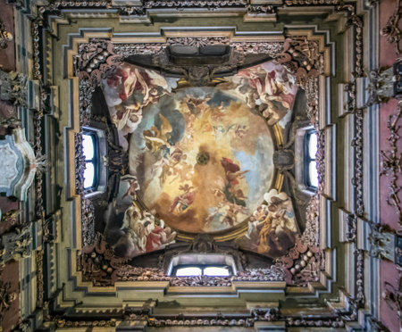 Milan, Italy - San Bernardino alle Ossa has a small side chapel decorated with numerous human skulls and bones. Here in particular the ossuary and the frescoesのeditorial素材
