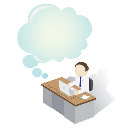 Man on a desk with Thinking Bubbleのイラスト素材