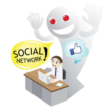 Man on a desk surfing Internet Social Media by Devil adviceのイラスト素材