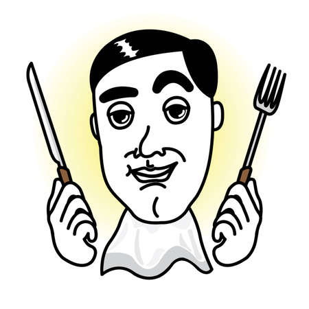 Man in a dinner time with knife,fork and apronのイラスト素材