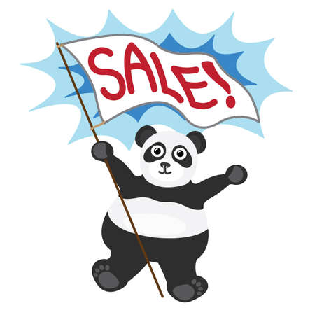 Cartoon little panda with white banner text saleのイラスト素材