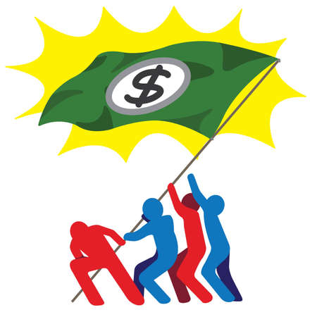 Group of men raising US dollar flag banner のイラスト素材