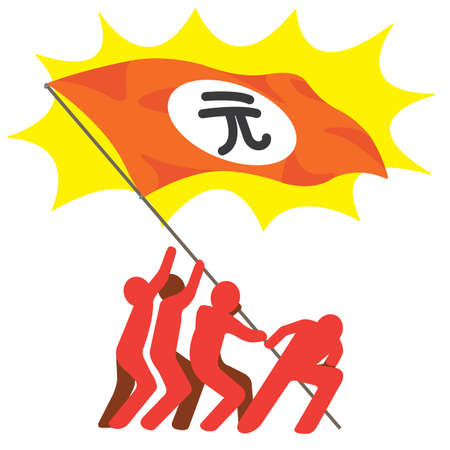 Group of men raising Chinese Yuan flag banner のイラスト素材