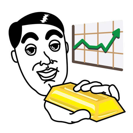 Man holding a gold piece with investment growth graph のイラスト素材