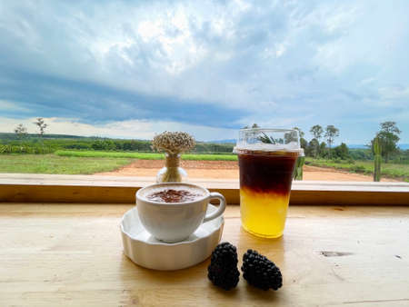 Hot coffee Mocha ,Ice black coffee with lemon and honeyの写真素材
