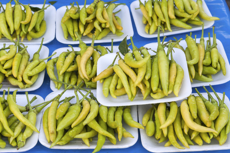Fresh hot green and yellow chilli from the marketの写真素材