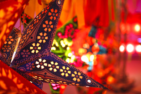 Beautiful colourful star shape lantern at the Lantern festival in northern Thailandの写真素材