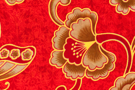 Flower pattern on red batik product from south of Thailand this fabric are good for beach wearの写真素材
