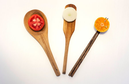 Kitchen equiptment with vegetable and fruitの写真素材