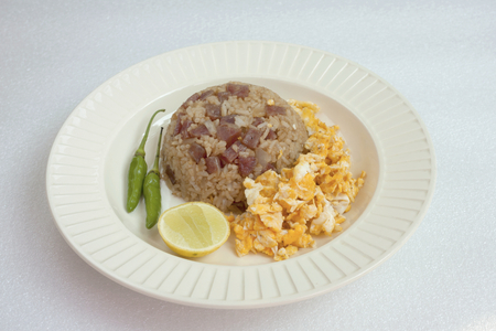 Fried rice with sausage and fried eggの写真素材