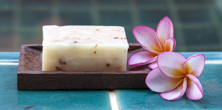 Closeup Natural soap with plumeria flower horizontal styleの写真素材