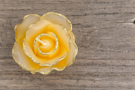 Yellow candle rose on wooden floorの写真素材