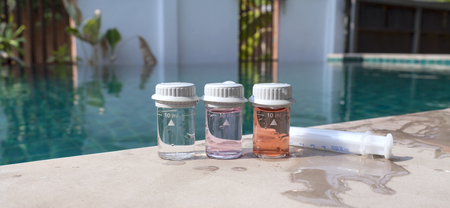 Closeup Water testing result on swimming pool edgeの写真素材