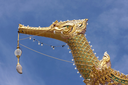 Golden swan head on blue sky backgroundの写真素材