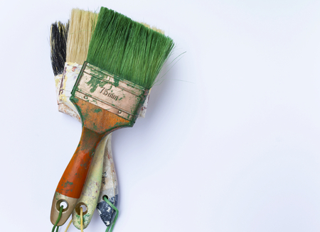 Stack of brushes with space on white backgroundの写真素材
