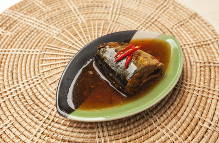 Closeup Saba fish in teriyaki sauce on rattan backgroundの写真素材